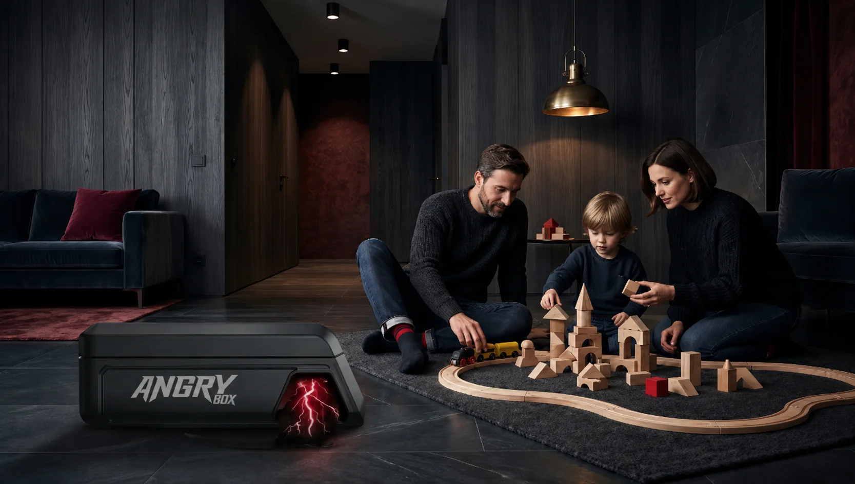 AngryBox lifestyle scene with a family indoors and the product in the foreground